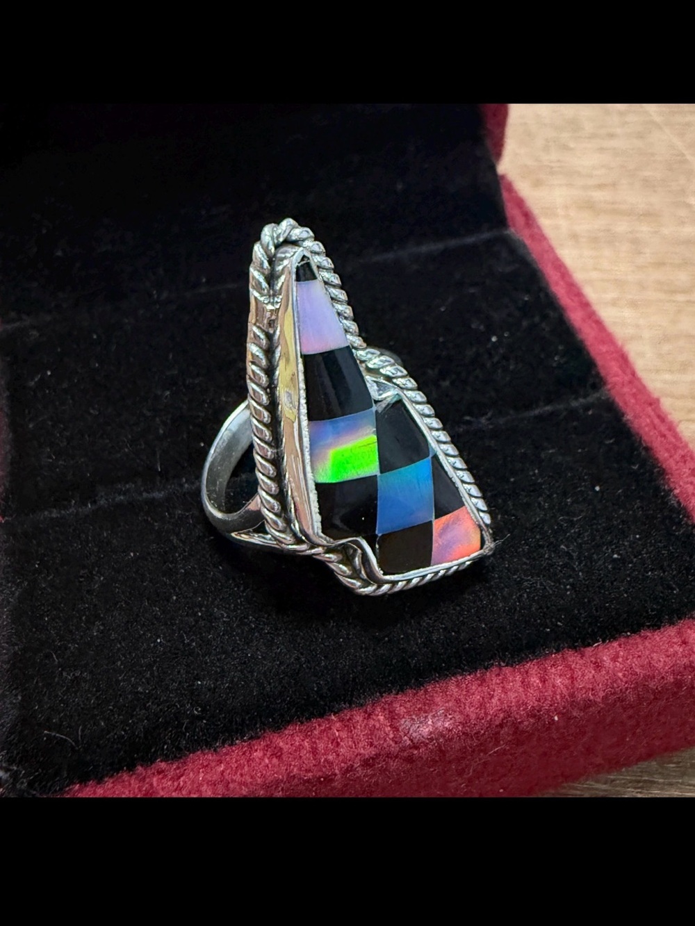SS checkered opal lightning bolt ring size 7